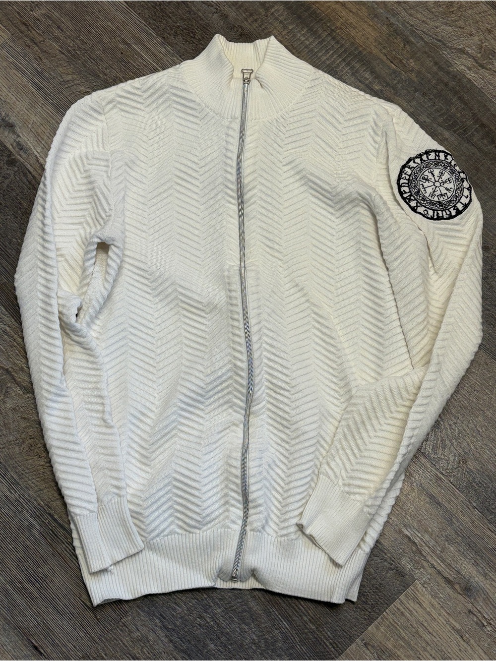 Men's White Zip-Front Sweater with Arm Patch by Kronstadt Casual